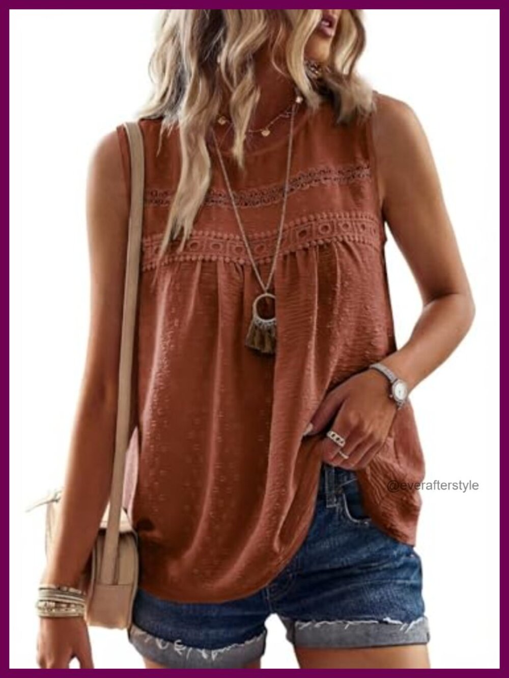 Sleeveless Crewneck Boho Swiss Dots Tank Top Crochet Lace Loose Fit Casual